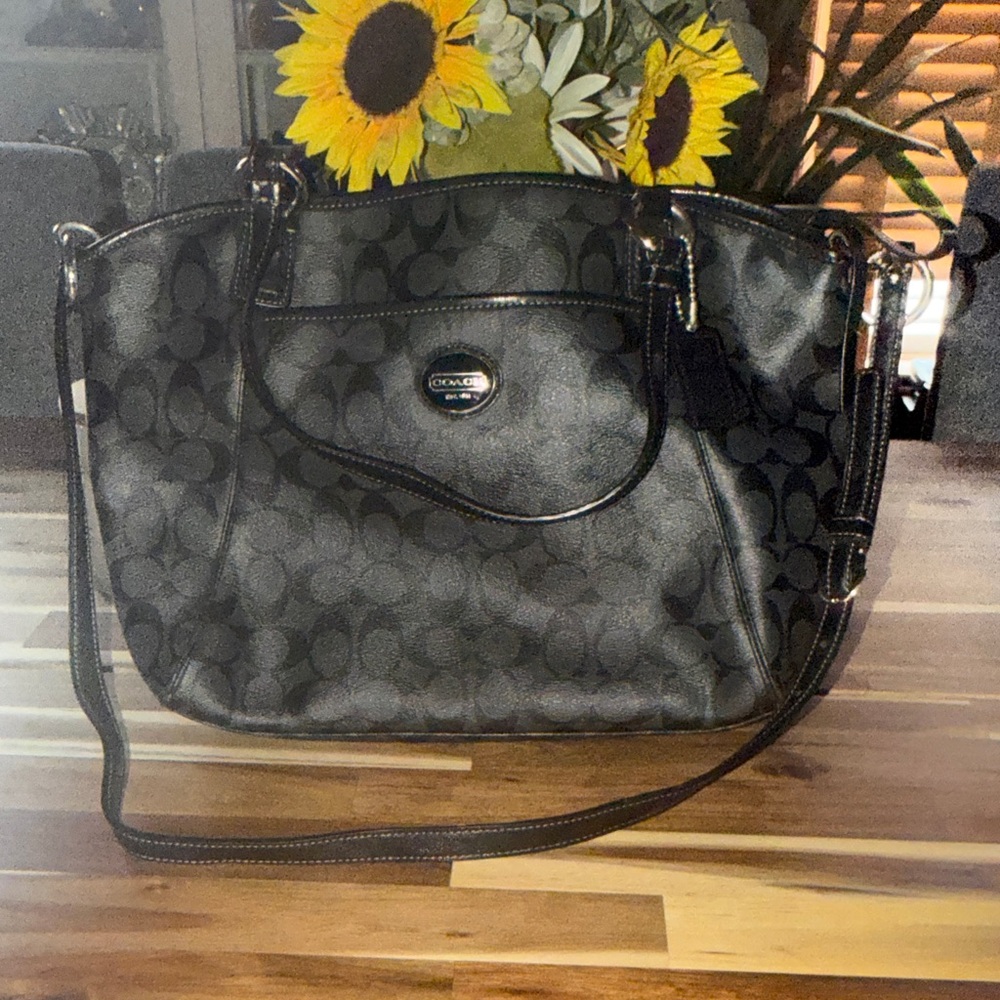 Coach Gray and Black Signature Shoulder Bag